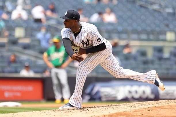 Domingo German of the New York Yankees in action against the Oakland Athletics during a game at Yankee Stadium on June 19, 2021 in New York City.