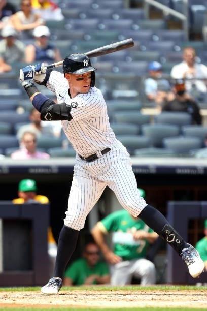 Aaron Judge of the New York Yankees in action against the Oakland Athletics during a game at Yankee Stadium on June 19, 2021 in New York City.