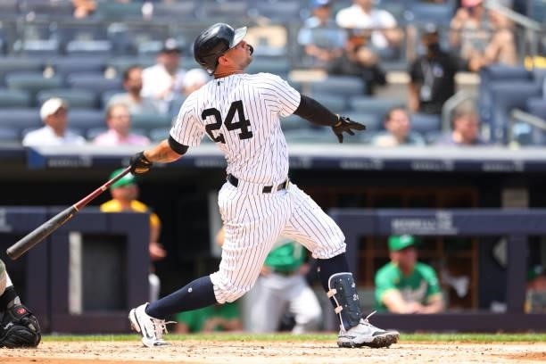 Gary Sanchez of the New York Yankees in action against the Oakland Athletics during a game at Yankee Stadium on June 19, 2021 in New York City.