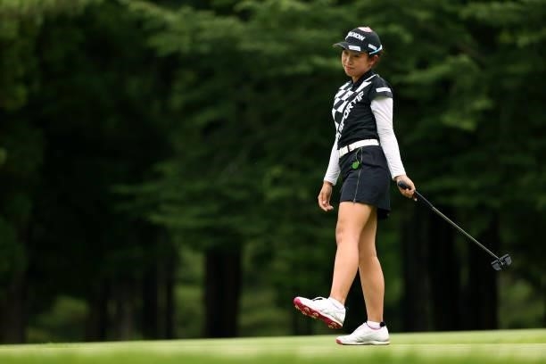 Nana Suganuma of Japan reacts after a putt on the 5th green during the final round of Nichirei Ladies at Sodegaura Country Club Shinsode Course on...