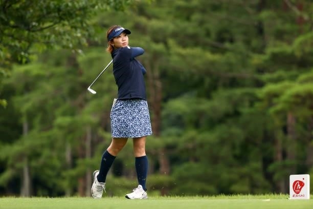 Rumi Yoshiba of Japan hits her tee shot on the 6th hole during the final round of Nichirei Ladies at Sodegaura Country Club Shinsode Course on June...