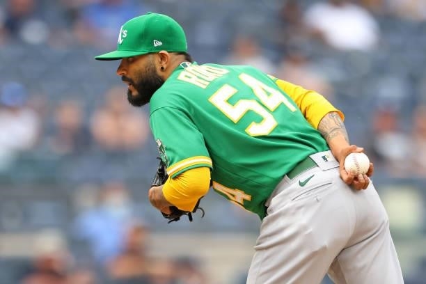 Sergio Romo of the Oakland Athletics in action against the New York Yankees during a game at Yankee Stadium on June 19, 2021 in New York City.