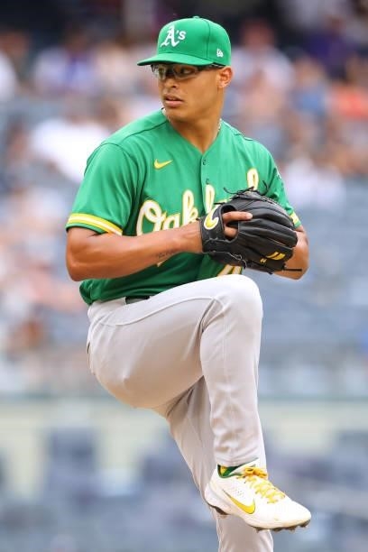Jesús Luzardo of the Oakland Athletics in action against the New York Yankees during a game at Yankee Stadium on June 19, 2021 in New York City.