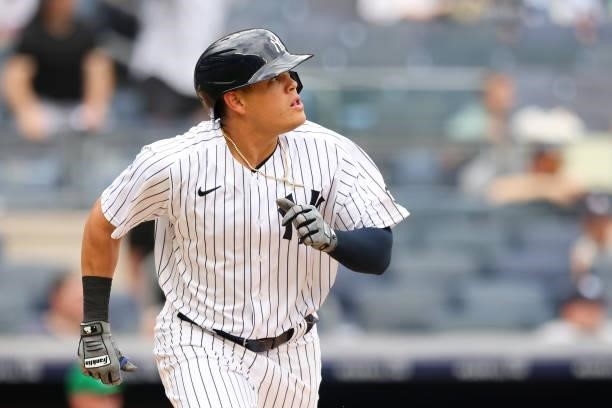 Gio Urshela of the New York Yankees in action against the Oakland Athletics during a game at Yankee Stadium on June 19, 2021 in New York City.