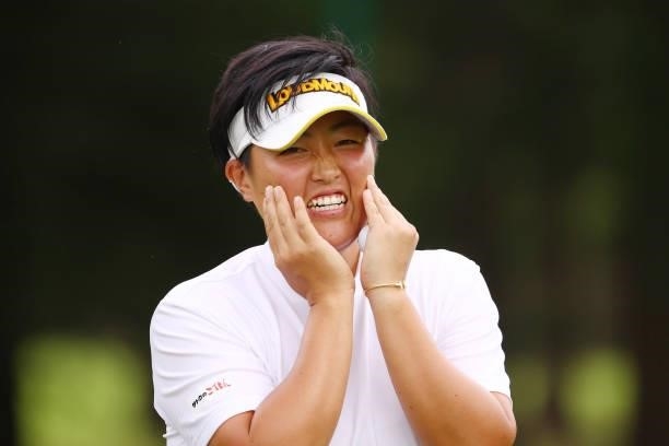 Haruka Kudo of Japan reacts after holing out on the 18th green during the final round of Nichirei Ladies at Sodegaura Country Club Shinsode Course on...