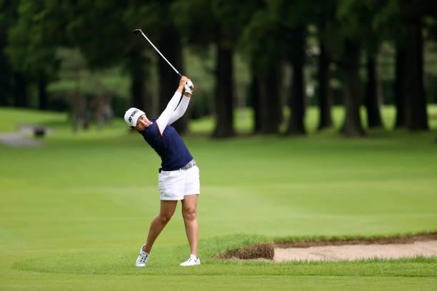 Maiko Wakabayashi of Japan hits her second shot on the 18th hole during the final round of Nichirei Ladies at Sodegaura Country Club Shinsode Course...