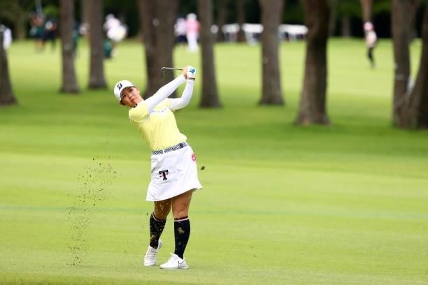 Yuri Yoshida of Japan hits her second shot on the 16th hole during the final round of Nichirei Ladies at Sodegaura Country Club Shinsode Course on...