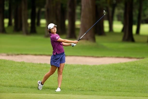 Haruka Morita of Japan hits her second shot on the 18th hole during the final round of Nichirei Ladies at Sodegaura Country Club Shinsode Course on...