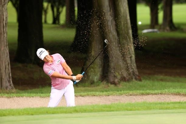 Lala Anai of Japan hits out from a bunker on the 18th hole during the final round of Nichirei Ladies at Sodegaura Country Club Shinsode Course on...