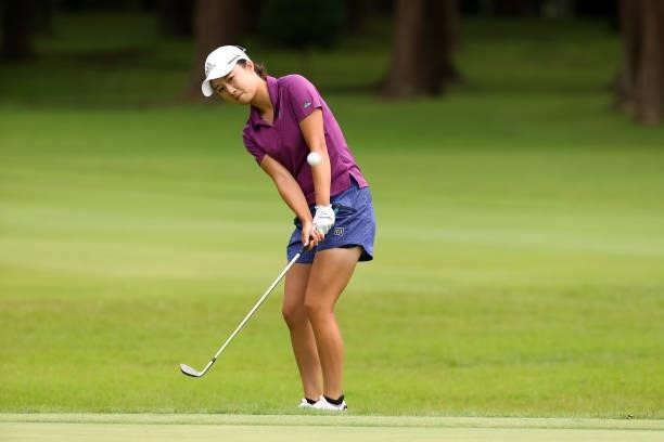 Haruka Morita of Japan chips onto the 18th green during the final round of Nichirei Ladies at Sodegaura Country Club Shinsode Course on June 20, 2021...