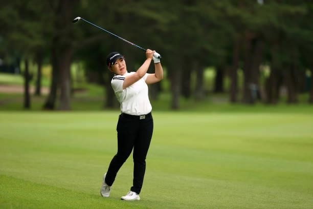 Jiyai Shin of South Korea hits her second shot on the 18th hole at the playoff second hole during the final round of Nichirei Ladies at Sodegaura...