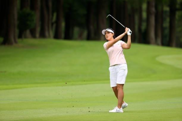Mi-jeong Jeon of South Korea hits her third shot on the 18th hole at the playoff third hole during the final round of Nichirei Ladies at Sodegaura...