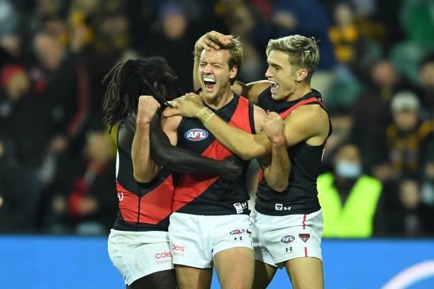 Darcy Parish of the Bombers celebrates a goal during the round 14 AFL match between the Hawthorn Hawks and the Essendon Bombers at University of...