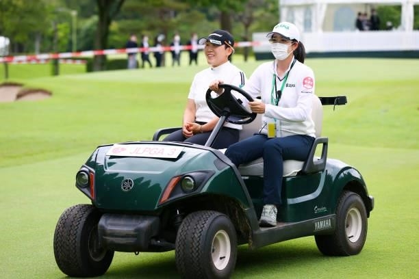 Jiyai Shin of South Korea smiles on a cart taken to the 18th tee for the playoff third hole during the final round of Nichirei Ladies at Sodegaura...