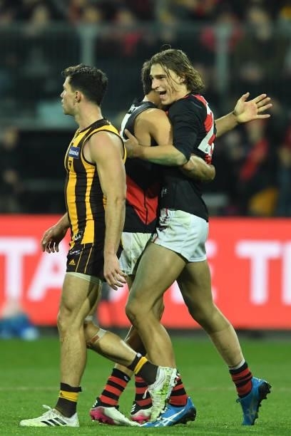 Harrison Jones of the Bombers celebrates a goal during the round 14 AFL match between the Hawthorn Hawks and the Essendon Bombers at University of...