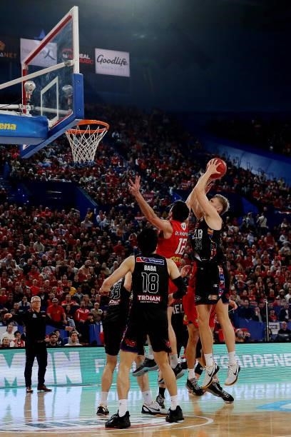 Jock Landale of Melbourne United shoots during game two of the NBL Grand Final Series between the Perth Wildcats and Melbourne United at RAC Arena,...
