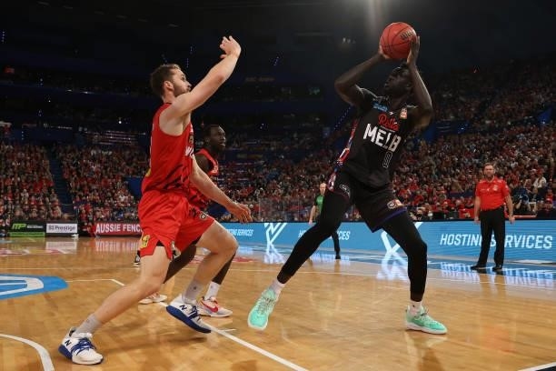 Jo Lual-Acuil of Melbourne United puts a shot up during game two of the NBL Grand Final Series between the Perth Wildcats and Melbourne United at RAC...