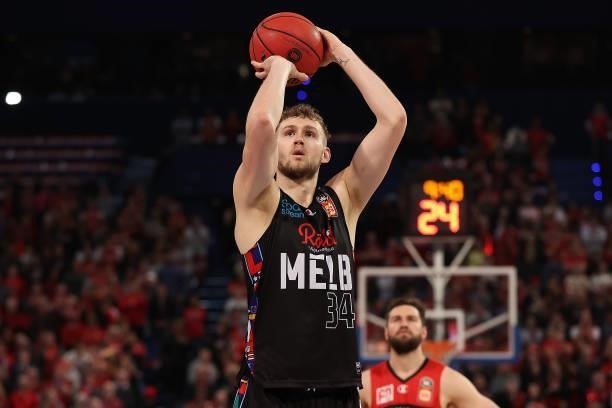 Jock Landale of Melbourne United shoots a free throw during game two of the NBL Grand Final Series between the Perth Wildcats and Melbourne United at...