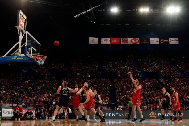Todd Blanchfield of the Wildcats shoots a free throw during game two of the NBL Grand Final Series between the Perth Wildcats and Melbourne United at...