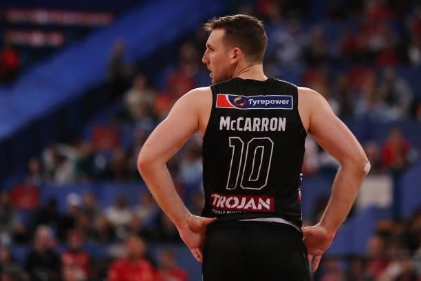 Mitch McCarron of Melbourne United looks on during game two of the NBL Grand Final Series between the Perth Wildcats and Melbourne United at RAC...