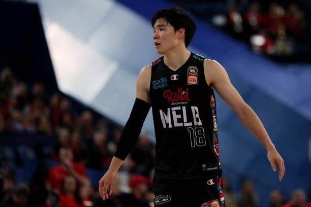 Yudai Baba of Melbourne United looks on during game two of the NBL Grand Final Series between the Perth Wildcats and Melbourne United at RAC Arena,...