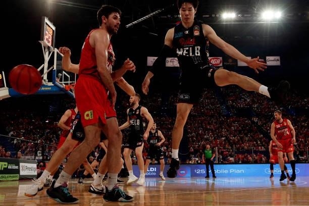 Yudai Baba of Melbourne United blocks Todd Blanchfield of the Wildcats during game two of the NBL Grand Final Series between the Perth Wildcats and...