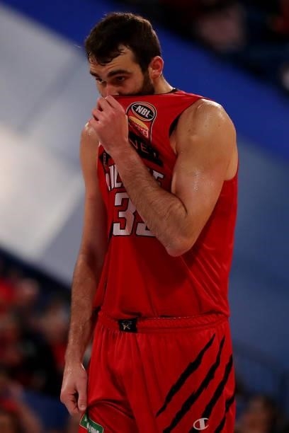John Mooney of the Wildcats looks on during game two of the NBL Grand Final Series between the Perth Wildcats and Melbourne United at RAC Arena, on...
