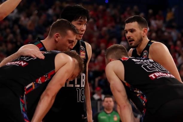 Chris Goulding of Melbourne United addresses the team during game two of the NBL Grand Final Series between the Perth Wildcats and Melbourne United...