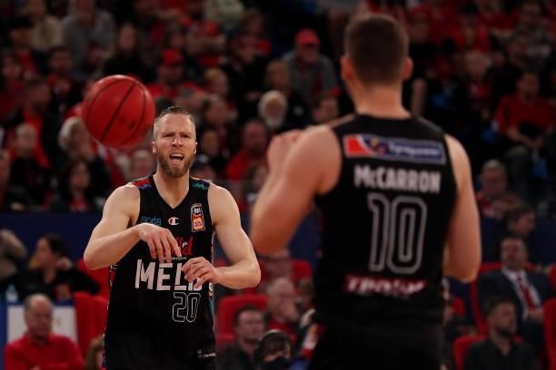 David Barlow of Melbourne United passes the ball during game two of the NBL Grand Final Series between the Perth Wildcats and Melbourne United at RAC...
