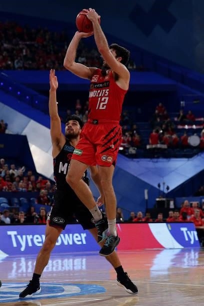 Todd Blanchfield of the Wildcats shoots during game two of the NBL Grand Final Series between the Perth Wildcats and Melbourne United at RAC Arena,...