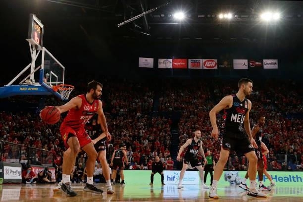 John Mooney of the Wildcats looks to pass the ball during game two of the NBL Grand Final Series between the Perth Wildcats and Melbourne United at...