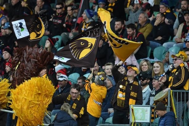 Hawks fans cheer during the round 14 AFL match between the Hawthorn Hawks and the Essendon Bombers at University of Tasmania Stadium on June 20, 2021...