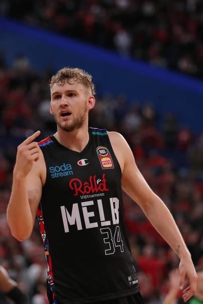 Jock Landale of Melbourne United during game two of the NBL Grand Final Series between the Perth Wildcats and Melbourne United at RAC Arena, on June...