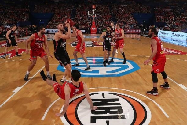 Chris Goulding of Melbourne United fouls Kevin White of the Wildcats during game two of the NBL Grand Final Series between the Perth Wildcats and...