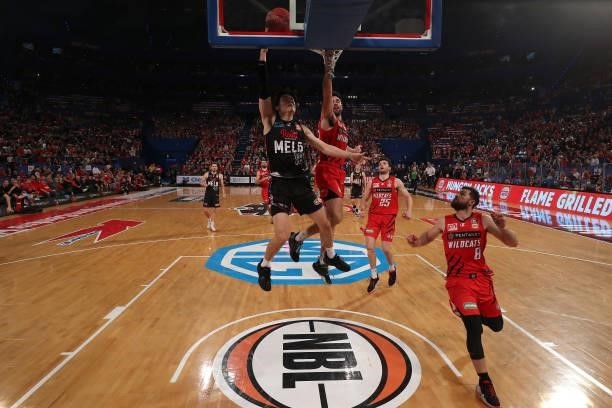 Yudai Baba of Melbourne United goes to the basket during game two of the NBL Grand Final Series between the Perth Wildcats and Melbourne United at...