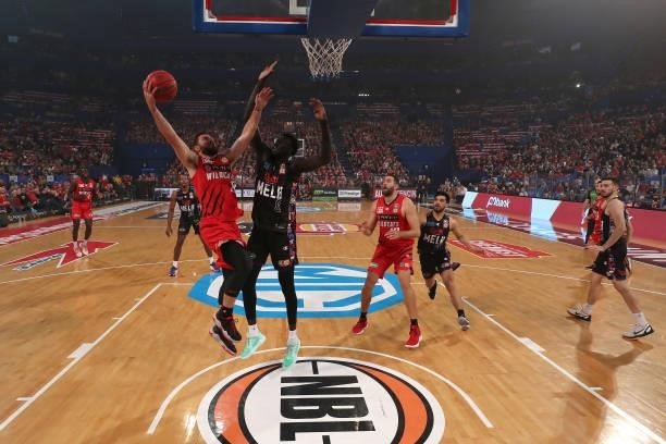 Mitchell Norton of the Wildcats goes to the basket against Jo Lual-Acuil of Melbourne United during game two of the NBL Grand Final Series between...