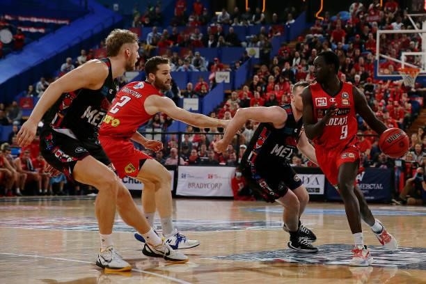 Wani Swaka Lo Buluk of the Wildcats brings the ball up the court during game two of the NBL Grand Final Series between the Perth Wildcats and...