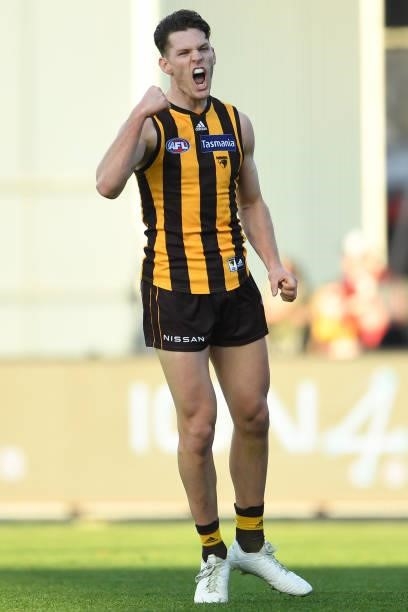Jacob Koschitzke of the Hawks celebrates a goal during the round 14 AFL match between the Hawthorn Hawks and the Essendon Bombers at University of...