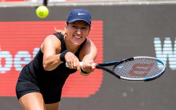 Victoria Azarenka hits a backhand while playing with her partner Aryna Sabalenka of Belarus in the women's doubles final match against Demi Schuurs...