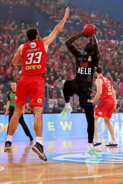 Jo Lual-Acuil of Melbourne United shoots during game two of the NBL Grand Final Series between the Perth Wildcats and Melbourne United at RAC Arena,...