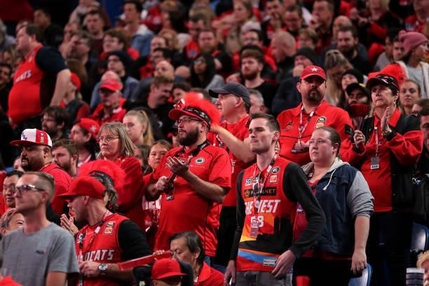 Wildcats fans look on in silence as their team lose during game two of the NBL Grand Final Series between the Perth Wildcats and Melbourne United at...