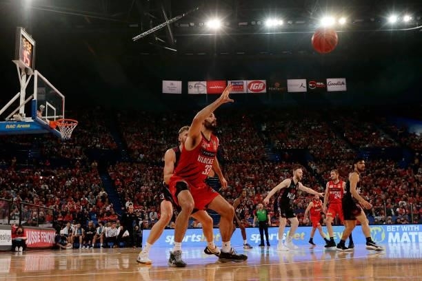 John Mooney of the Wildcats in action during game two of the NBL Grand Final Series between the Perth Wildcats and Melbourne United at RAC Arena, on...