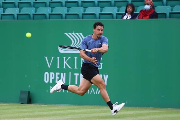 Alex Bolt of Australia hits a backhand in the Finals match against Kamil Majchrzak of Poland during the ATP Challenger Final of the Nottingham Trophy...