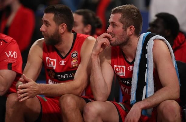 Tom Jervis and Jesse Wagstaff of the Wildcats look on from the bench during game two of the NBL Grand Final Series between the Perth Wildcats and...