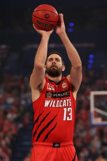 Tom Jervis of the Wildcats shoots a free throw during game two of the NBL Grand Final Series between the Perth Wildcats and Melbourne United at RAC...