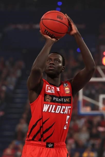 Wani Swaka Lo Buluk of the Wildcats shoots a free throw during game two of the NBL Grand Final Series between the Perth Wildcats and Melbourne United...