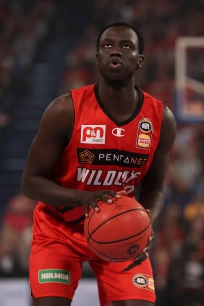 Wani Swaka Lo Buluk of the Wildcats shoots a free throw during game two of the NBL Grand Final Series between the Perth Wildcats and Melbourne United...