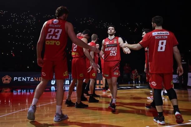 Corey Shervill of the Wildcats is introduced onto the court in the starting five during game two of the NBL Grand Final Series between the Perth...