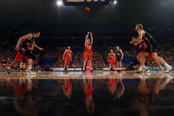 Corey Shervill of the Wildcats shoots a free throw during game two of the NBL Grand Final Series between the Perth Wildcats and Melbourne United at...