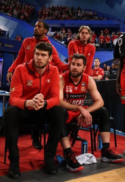 Mitchell Norton of the Wildcats looks on from the bench with Clint Steindl, Bryce Cotton and Luke Travers during game two of the NBL Grand Final...